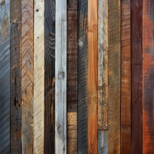 A wooden wall featuring a vibrant array of colors, showcasing a mix of natural wood tones and painted sections.